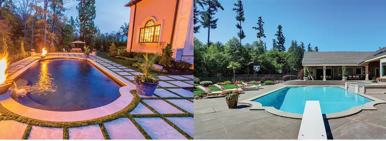 Side-by-side photos of two backyard pools: one with a fire feature and stone pavers (left), and one with a geometric concrete deck (right). Text below asks, Which is Vinyl? Which is Gunite?.