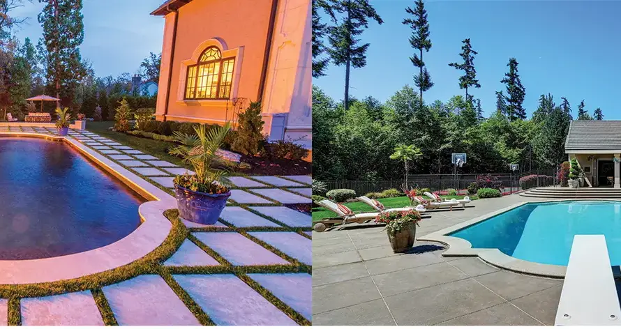 Side-by-side photos of two backyard pools: one with a fire feature and stone pavers (left), and one with a geometric concrete deck (right). Text below asks, Which is Vinyl? Which is Gunite?.